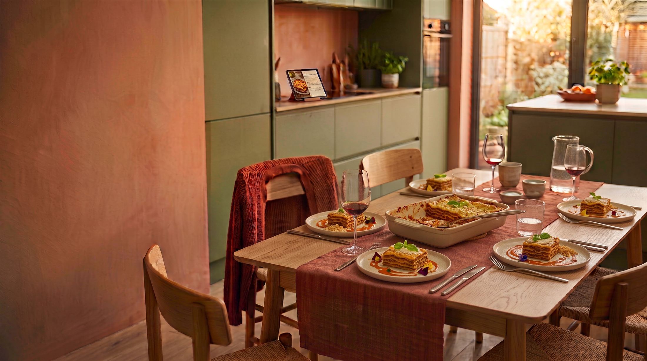 A dining table set with lasagne, partway through a shared meal from a communal dish, wine poured, a chair pushed back with a cardigan left over it, a tablet propped up near the hob showing a recipe.