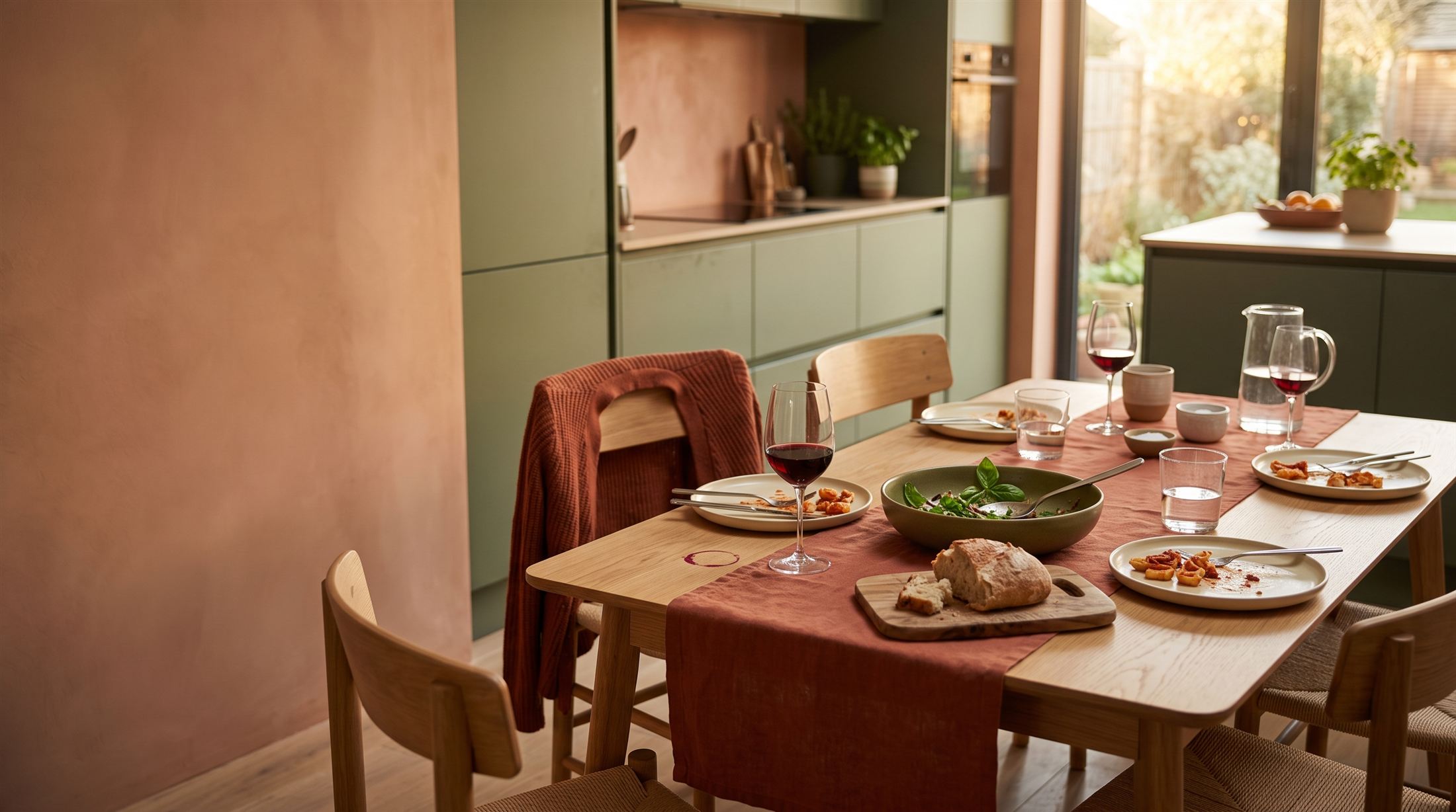 A contemporary sage-green and terracotta kitchen, table set mid-meal with pasta, bread and wine, a cardigan left over the back of a chair.
