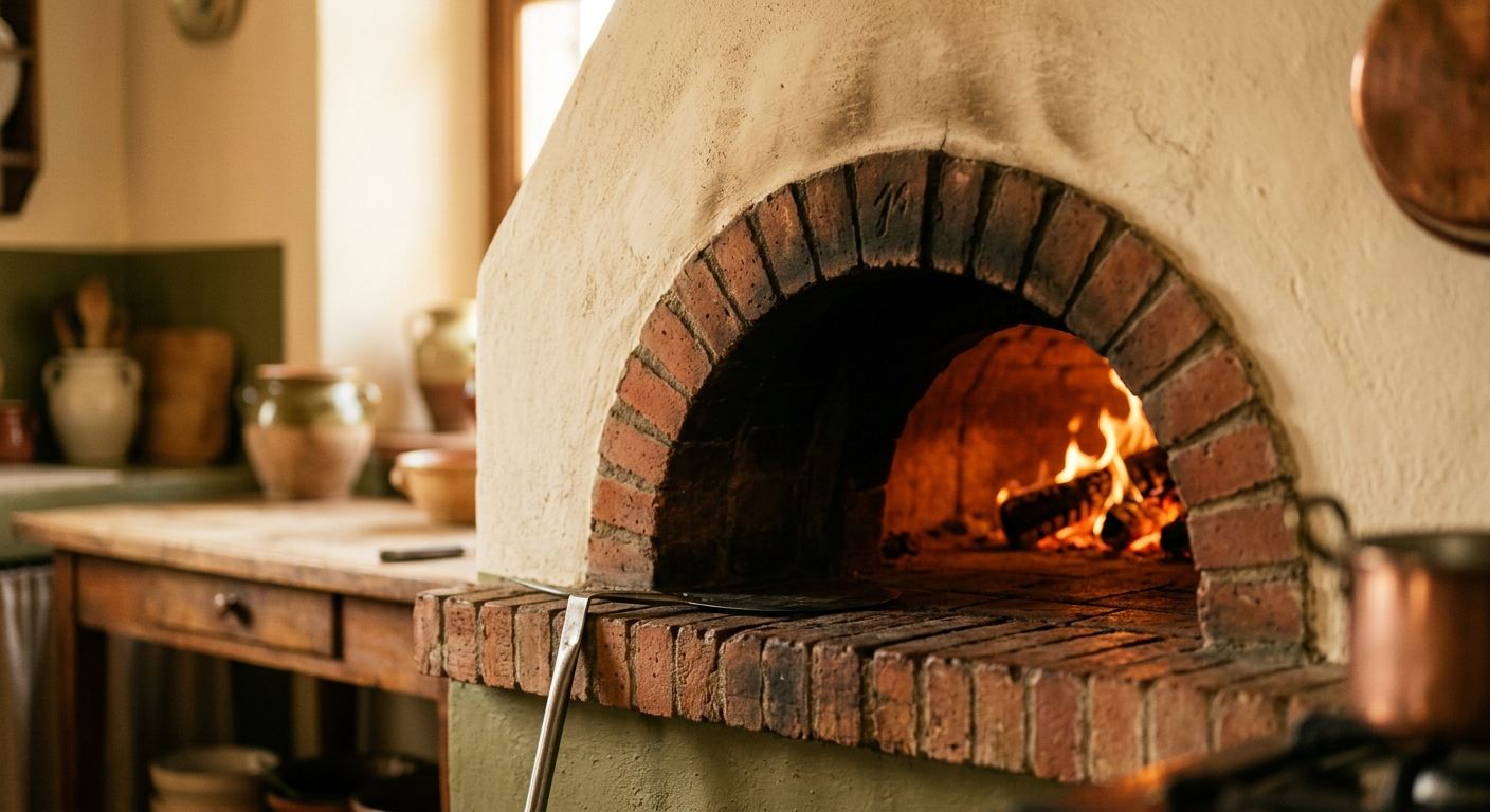 A wood-fired oven, door open, fire glowing inside.