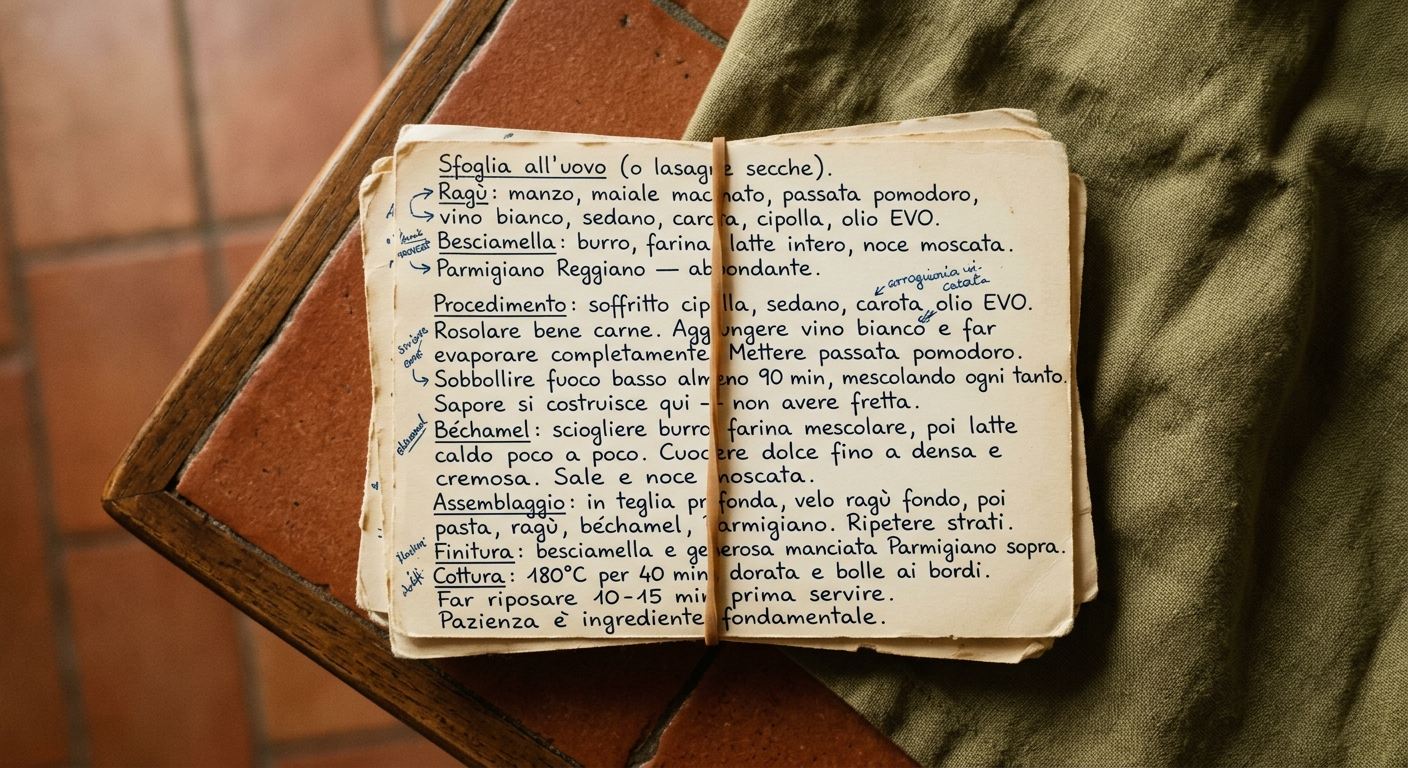 An old handwritten Italian recipe notebook, open on a table, corners worn from years of use.