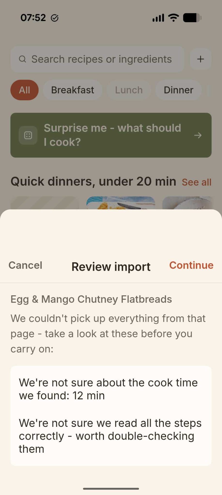 Real screenshot of Forno's import review for Egg & Mango Chutney Flatbreads, flagging an uncertain cook time and a step it's not sure it read correctly before you continue.