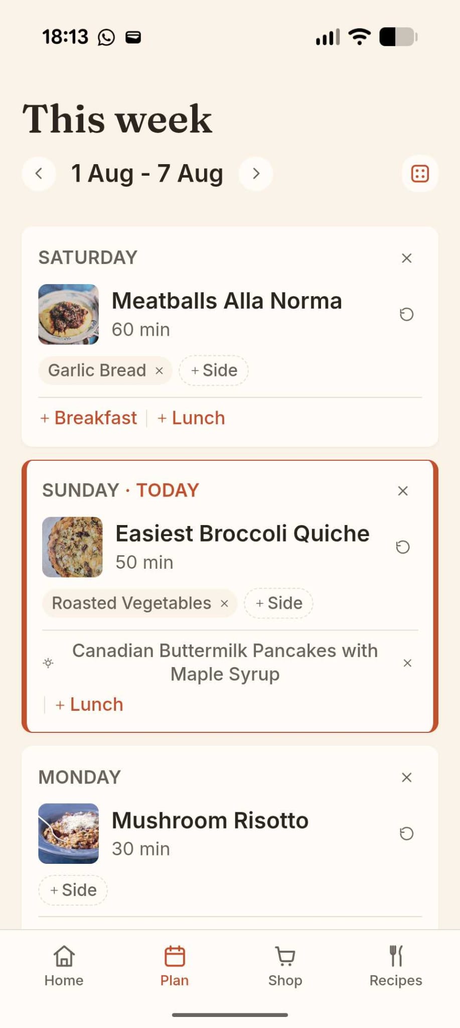 Real screenshot of Forno's weekly plan, showing Saturday's Meatballs Alla Norma, Sunday marked as today with Easiest Broccoli Quiche, and Monday's Mushroom Risotto.