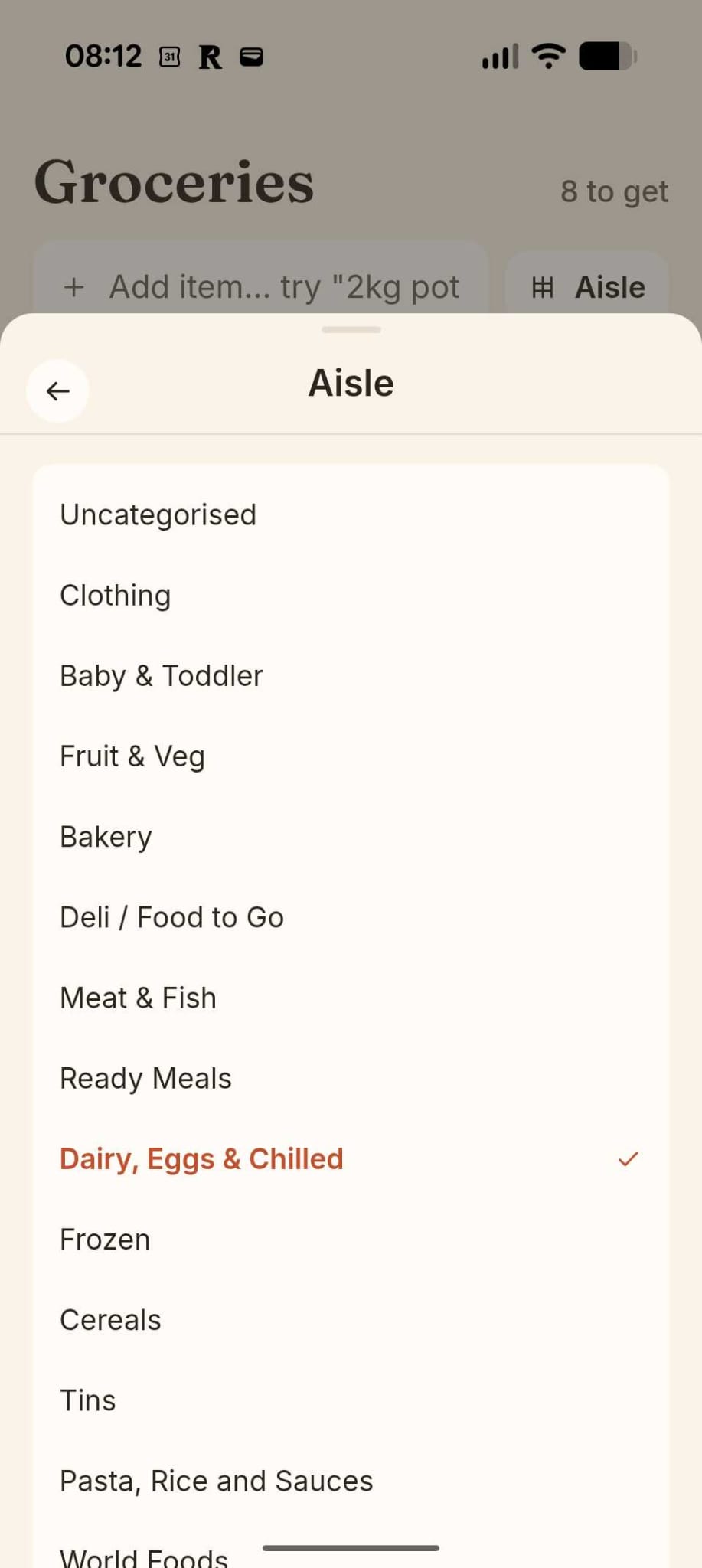 Real screenshot of Forno's shopping list, with the aisle picker open showing categories from Fruit & Veg to Dairy, Eggs & Chilled.