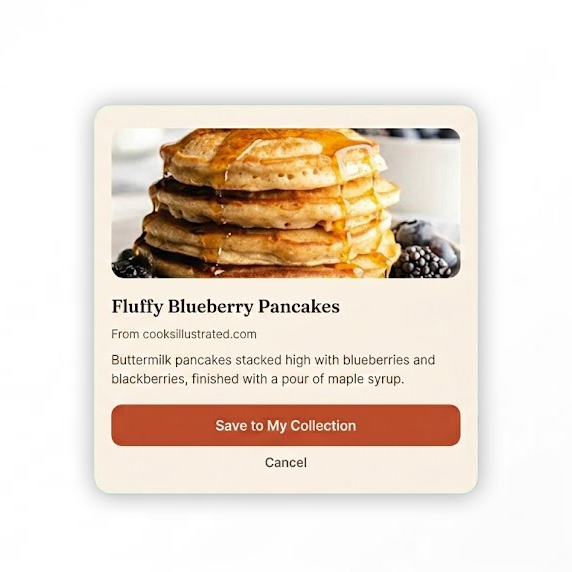 Mockup of Forno's share-sheet save card for Fluffy Blueberry Pancakes from cooksillustrated.com - illustrative, not the finished app.