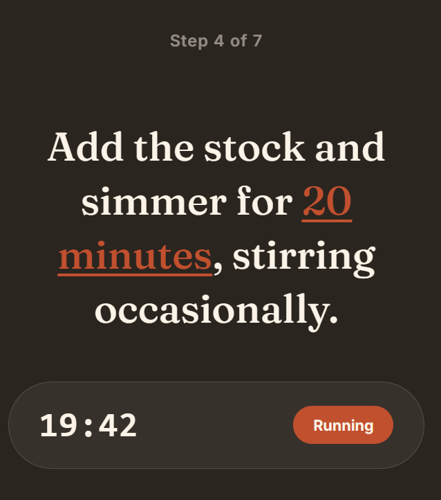 Mockup of Forno's cook mode showing a recipe step with a running timer — illustrative, not the finished app.