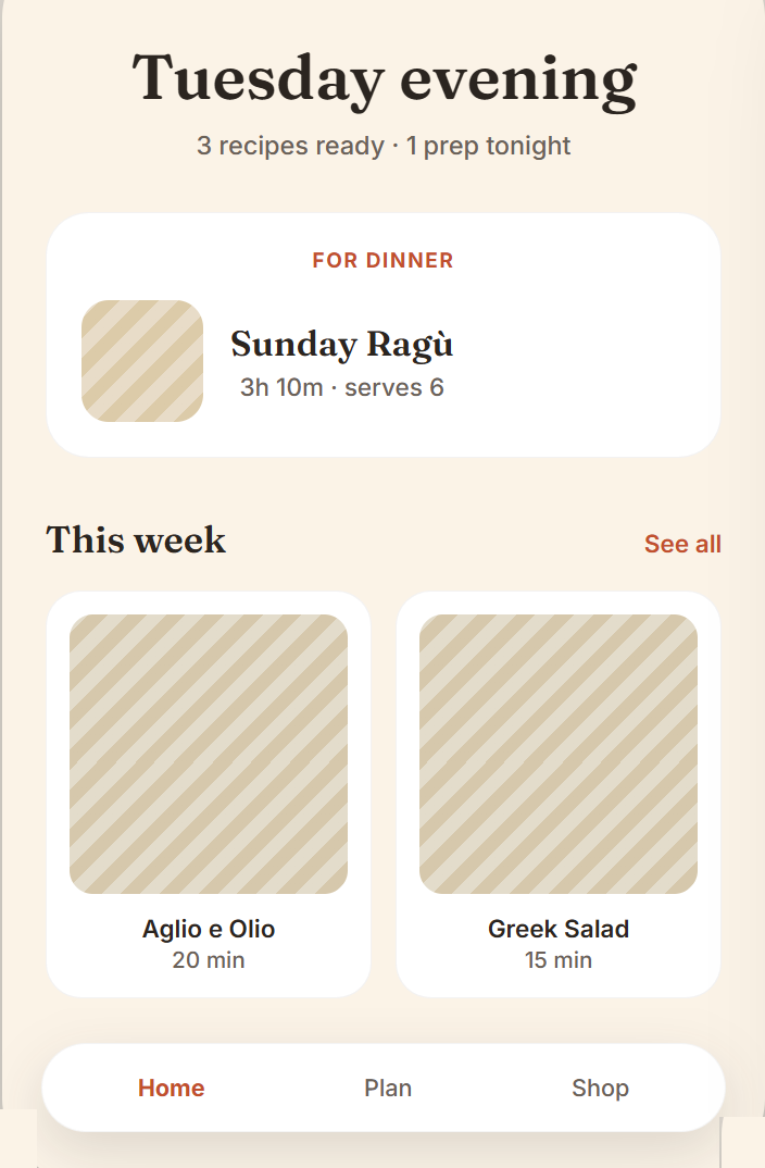 Mockup of the Forno app home screen, showing tonight's dinner and this week's planned recipes — illustrative, not the finished app.