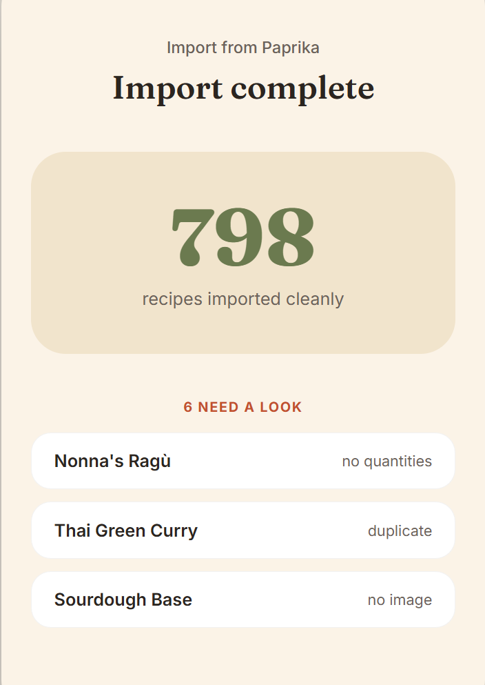 Mockup of a Forno import summary from Paprika, showing recipes imported cleanly and a few that need a look — illustrative, not the finished app.