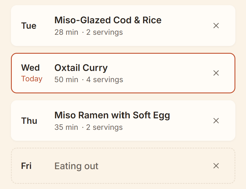Mockup of Forno's weekly plan showing Tuesday through Friday, with Wednesday's Oxtail Curry marked as today - illustrative, not the finished app.