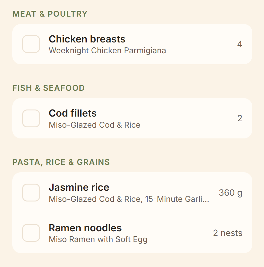 Mockup of Forno's shopping list grouped by aisle, with items for chicken breasts, cod fillets, jasmine rice and ramen noodles - illustrative, not the finished app.